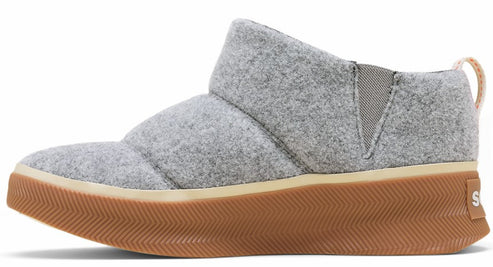 Grey felt shoe with a tan ridged sole and elastic entry.