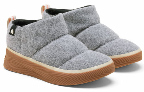 A pair of gray, felted, puffy slipper shoes with a brown rubber sole.
