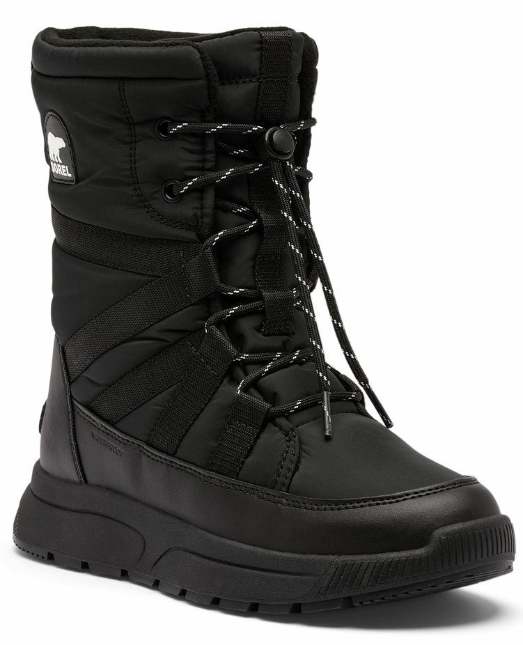 Mid-calf height black snow boot with white adjustable laces and a logo patch at the top of the boot.
