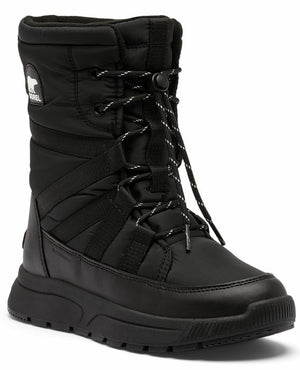 Mid-calf height black snow boot with white adjustable laces and a logo patch at the top of the boot.