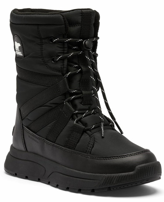 Mid-calf height black snow boot with white adjustable laces and a logo patch at the top of the boot.