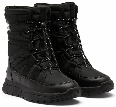 Pair of black mid-calf winter boots with drawstring laces.