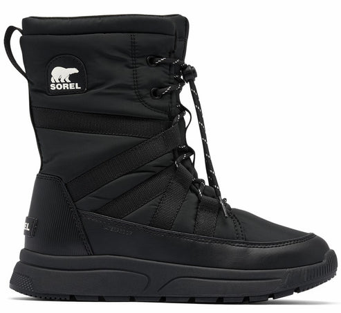 A black tall boot with laces, a white patch with "SOREL" and a bear logo, a black pull tab on the back, and straps.