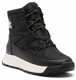 Black quilted, waterproof boot with black and white laces and a white platform sole, a white logo patch is present on the side.