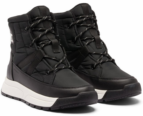 A pair of black quilted winter boots with white speckled laces and thick white soles.