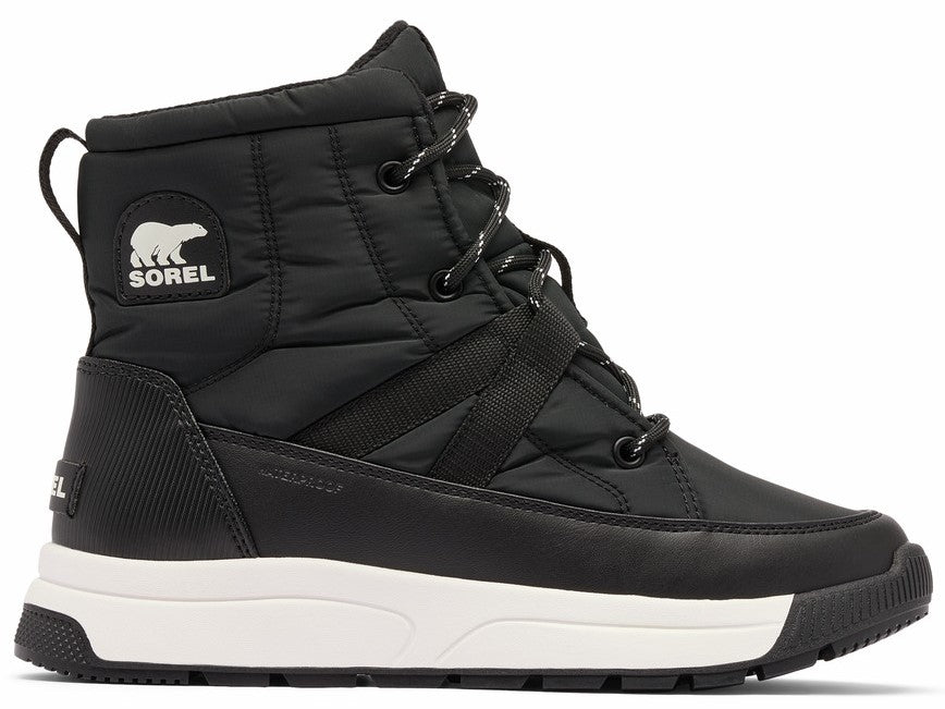 Black quilted boot with white sole and laces, pull tab, and logo.
