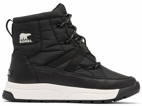 Black quilted boot with white sole and laces, pull tab, and logo.