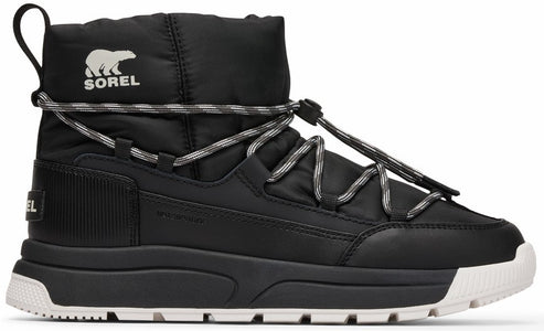Black waterproof boot with toggle-cord lacing and white sole with polar bear logo.