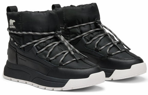 A pair of puffy black boots with gray and white laces, featuring a visible text "SOREL" on the side.