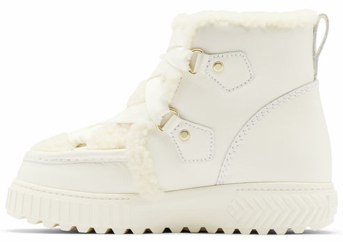 A profile view of a white lace-up winter boot with a thick, ridged sole, plush faux-fur lining around the ankle and tongue, gold-tone metal D-ring eyelets, and a pull loop at the heel.