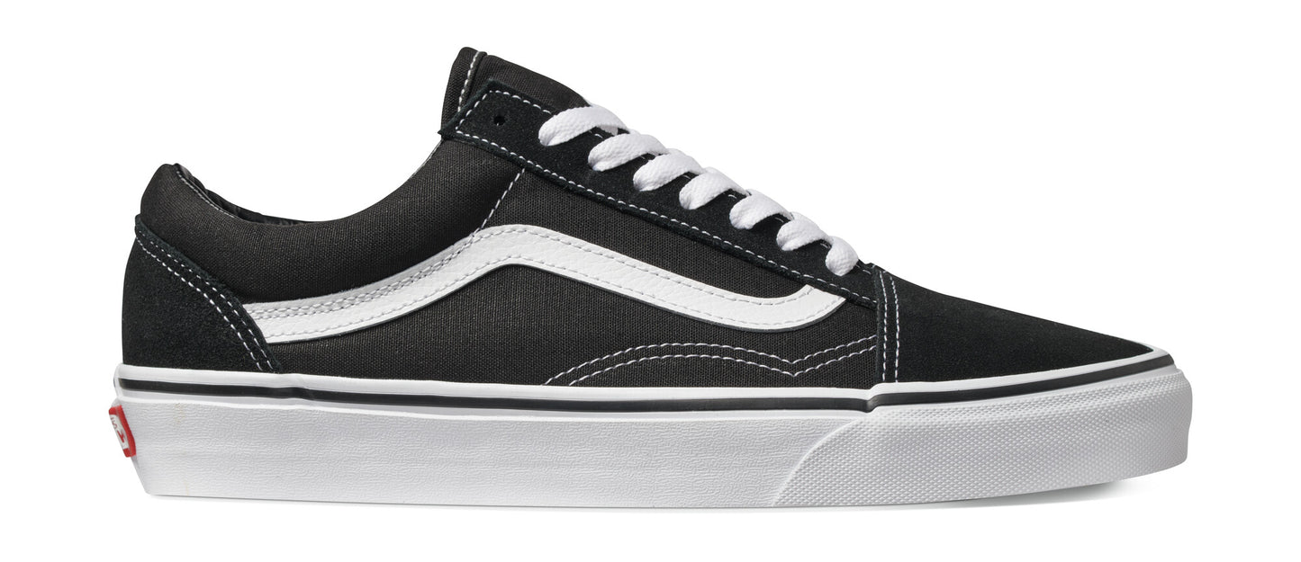 A black and white sneaker with white laces and a white stripe on the side.