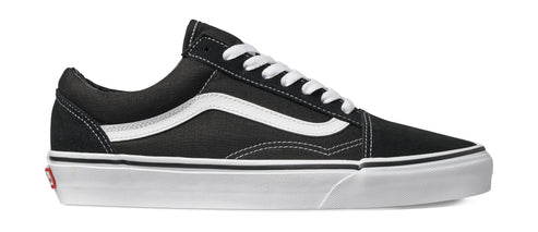 A black and white sneaker with white laces and a white stripe on the side.