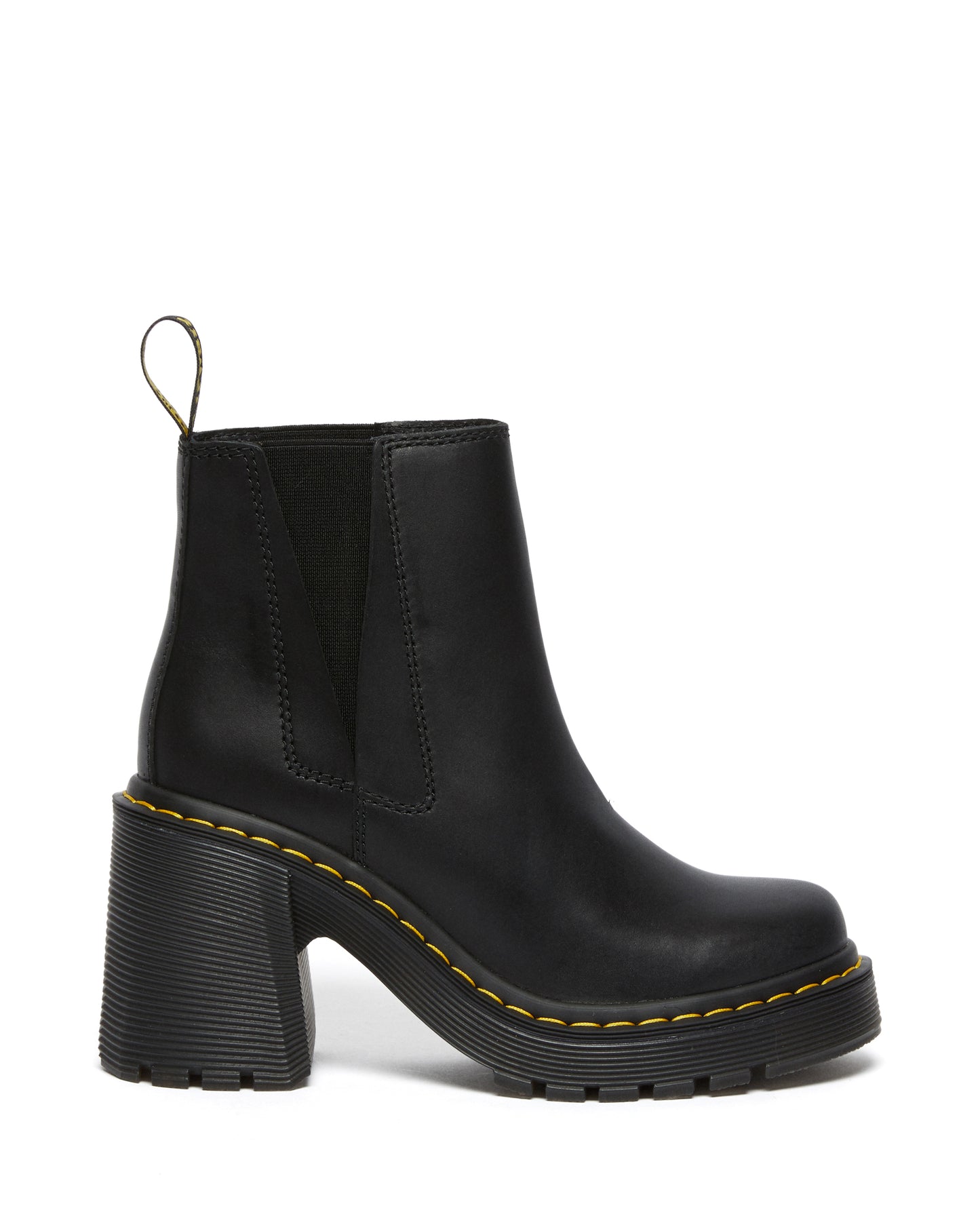Black, heeled boot with yellow stitching and elastic side panels.