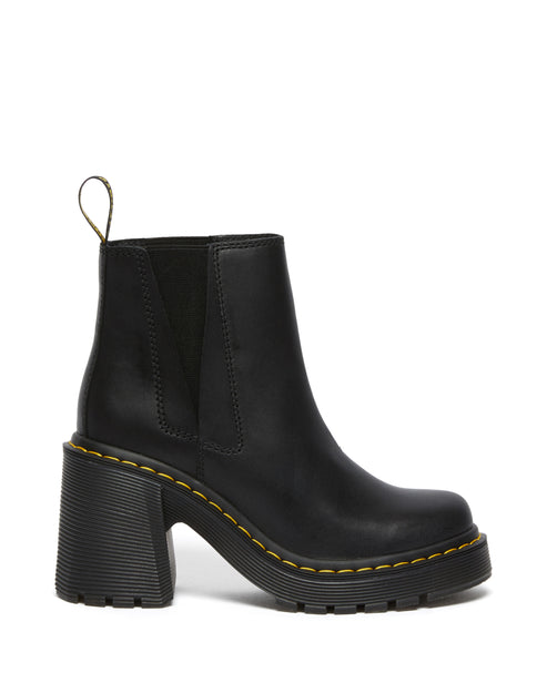 Black, heeled boot with yellow stitching and elastic side panels.