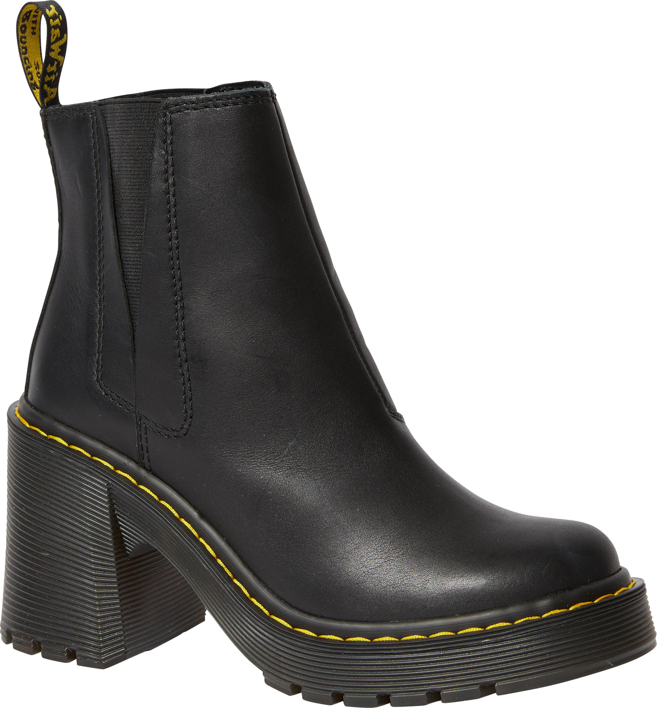 Black leather Chelsea boot with a chunky, high, block heel and yellow stitching.