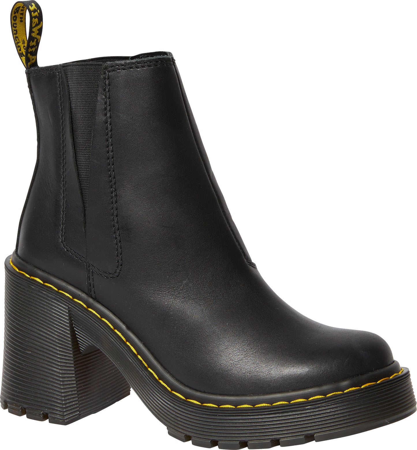 Black leather Chelsea boot with a chunky, high, block heel and yellow stitching.