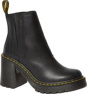 Black leather Chelsea boot with a chunky, high, block heel and yellow stitching.