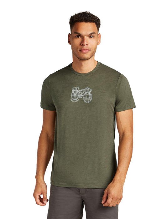 Man wearing olive green t-shirt with bicycle graphic.
