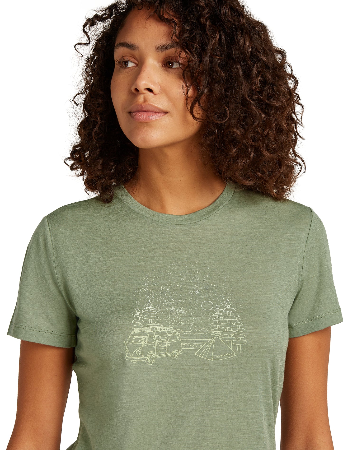 A light green short sleeve shirt with a white graphic of a van, tent, trees and stars.