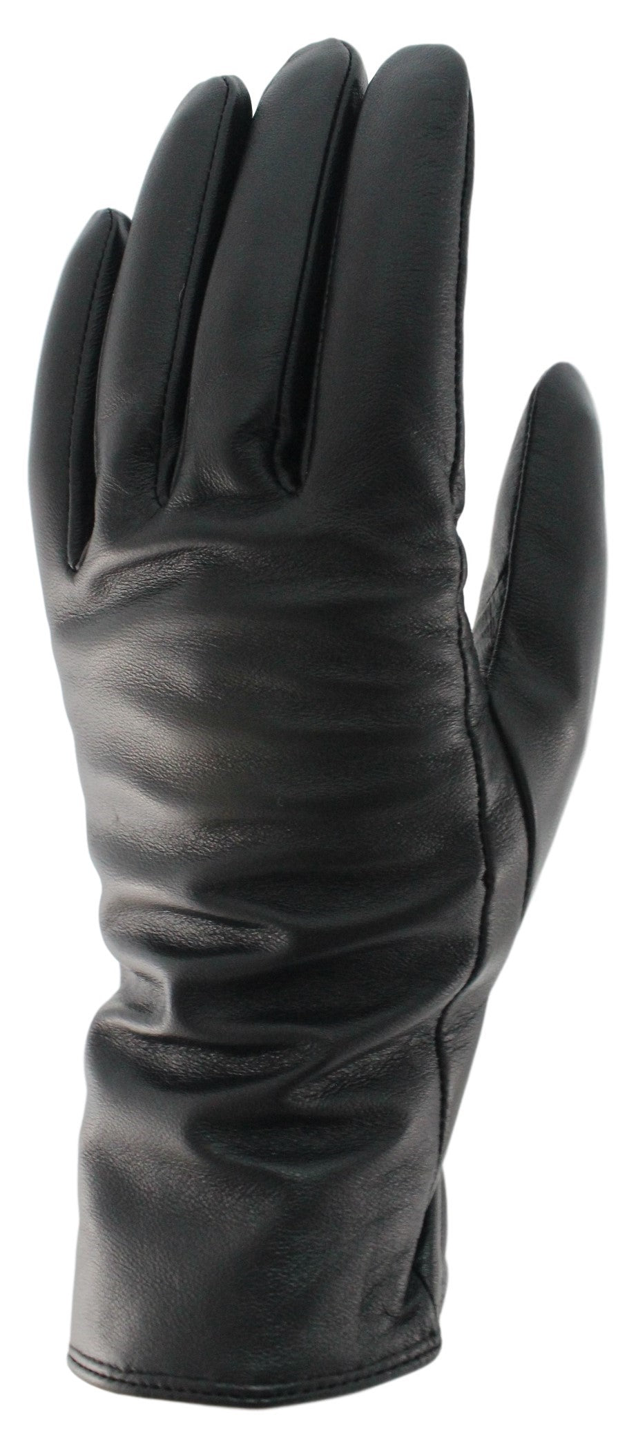 A single plain black leather glove with subtle gathered detailing at the wrist.