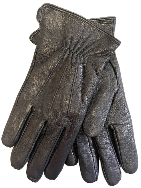 A pair of black leather gloves with textured grain and stitching details on the back.
