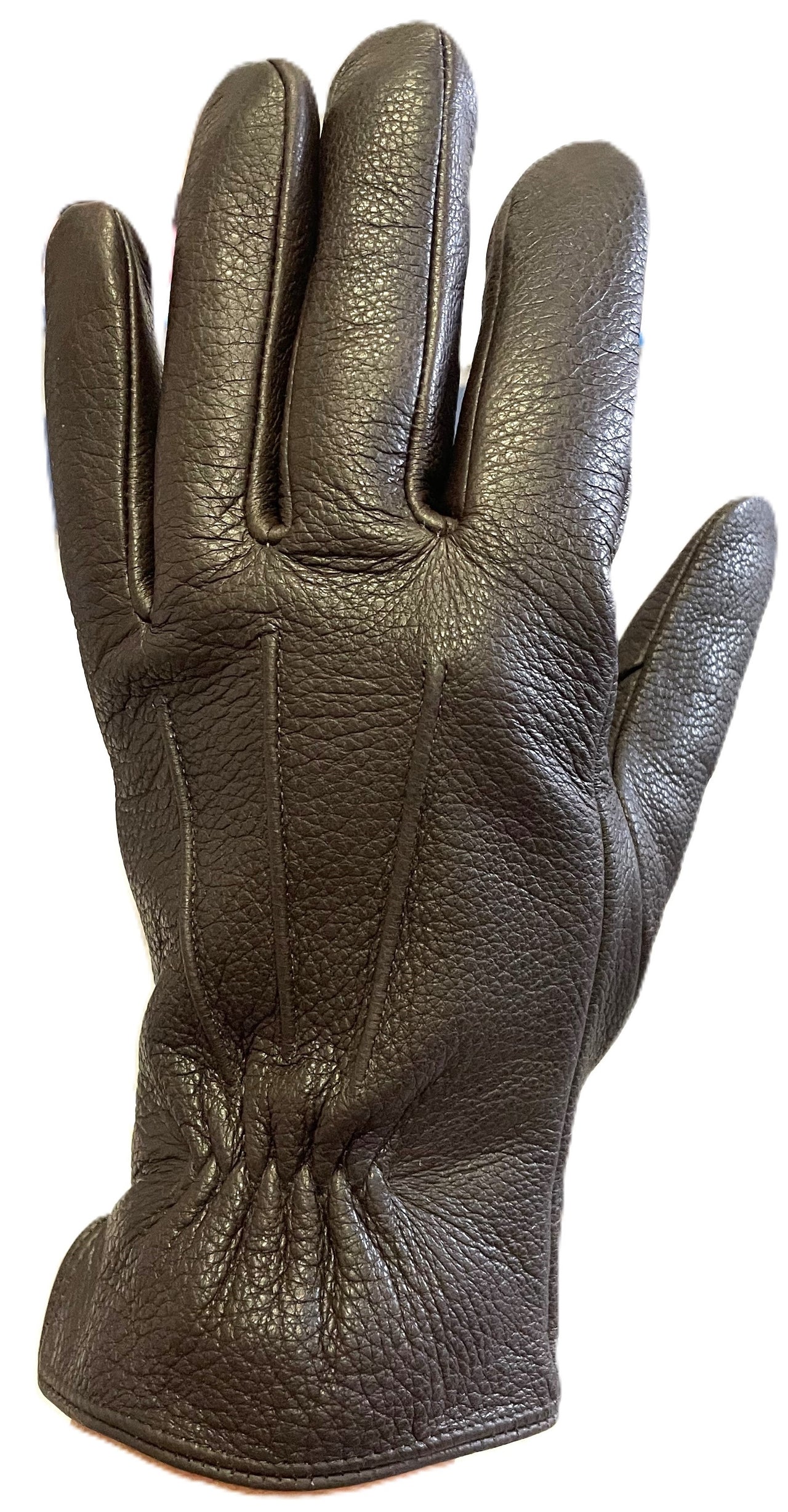 A dark brown leather glove with a pebbled texture, featuring stitching on the back and gathered detail at the wrist.