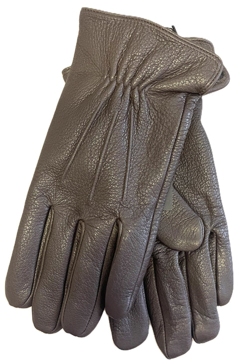 A pair of grey, textured leather gloves with visible stitching on the back and gathered detailing at the wrist.