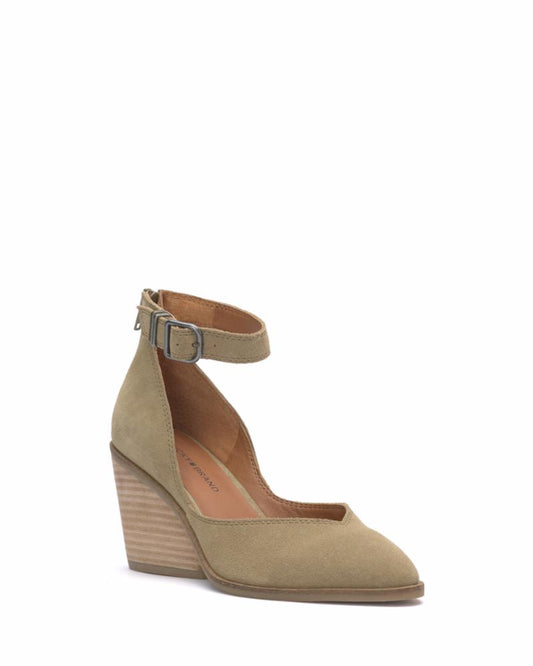 Olive suede pump with an ankle strap and a chunky wooden heel.