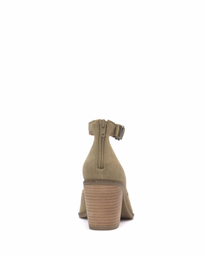 Olive green peep-toe block heel sandal with zippered back.