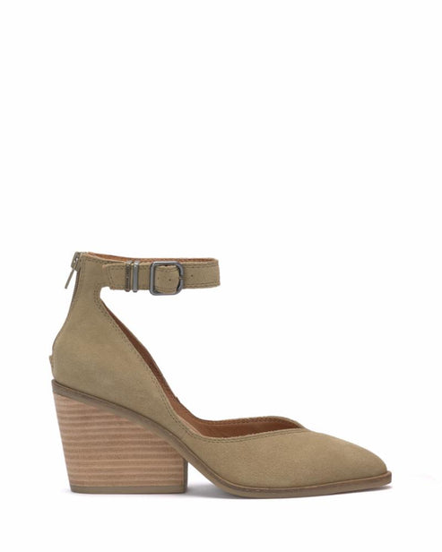 Ankle-strap dress shoe with a buckle and a chunky wooden heel.