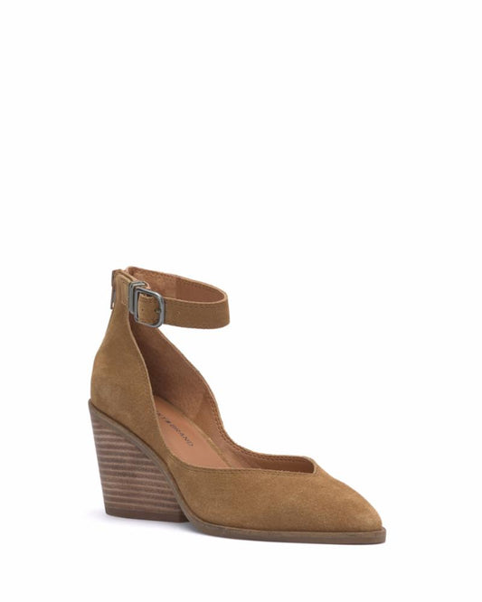 Brown suede heel with ankle strap and buckle closure.