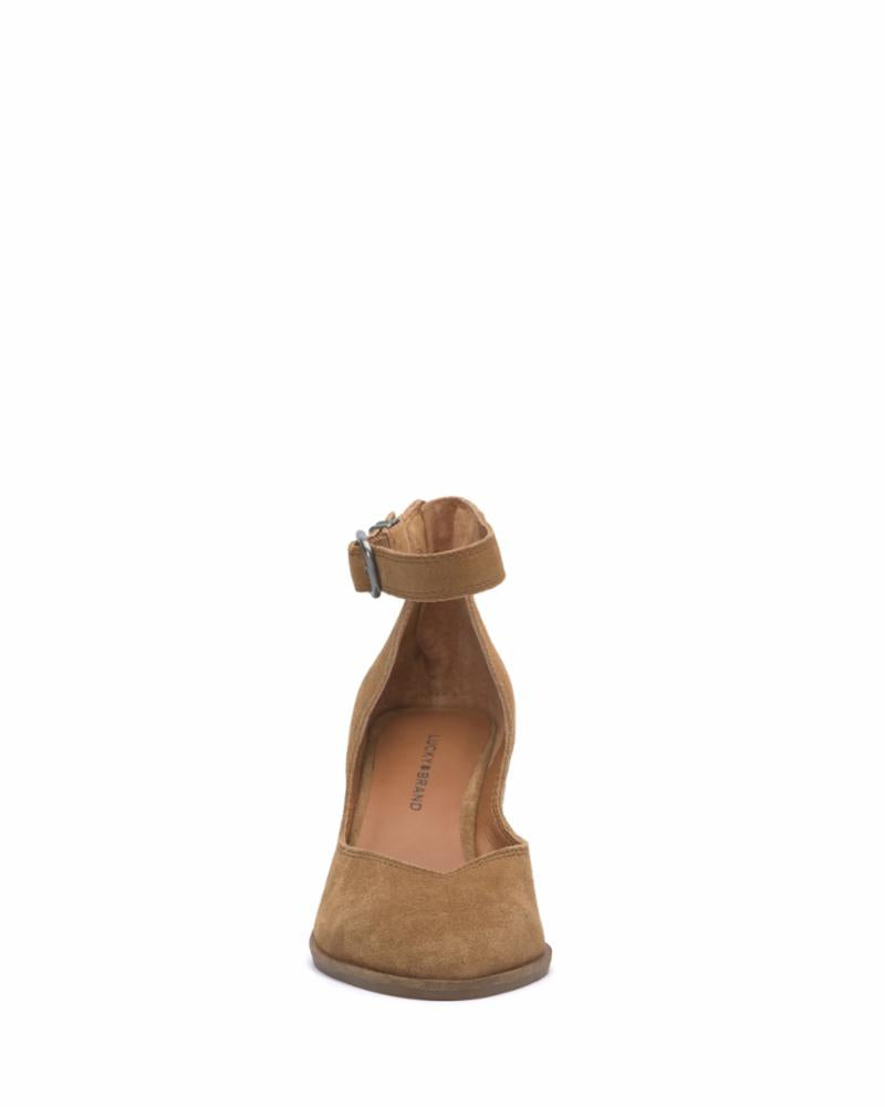 Front view of light brown suede ankle-strap heeled shoes.