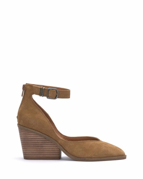 tan shoe with ankle strap and wooden heel