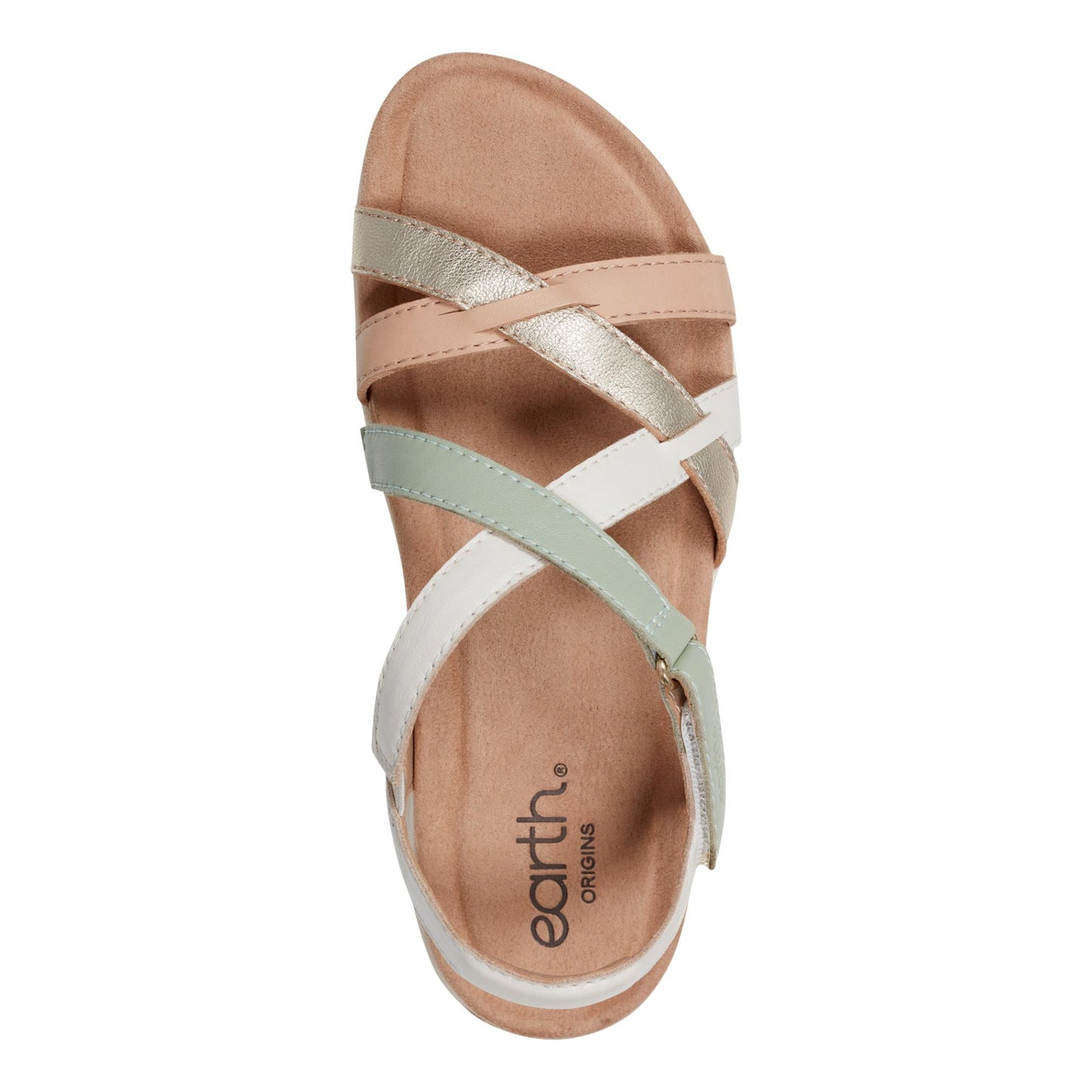 Top-down view of a women's sandal with crisscrossing pastel, metallic, and white straps. The brand 'earth. ORIGINS' is printed on the footbed.