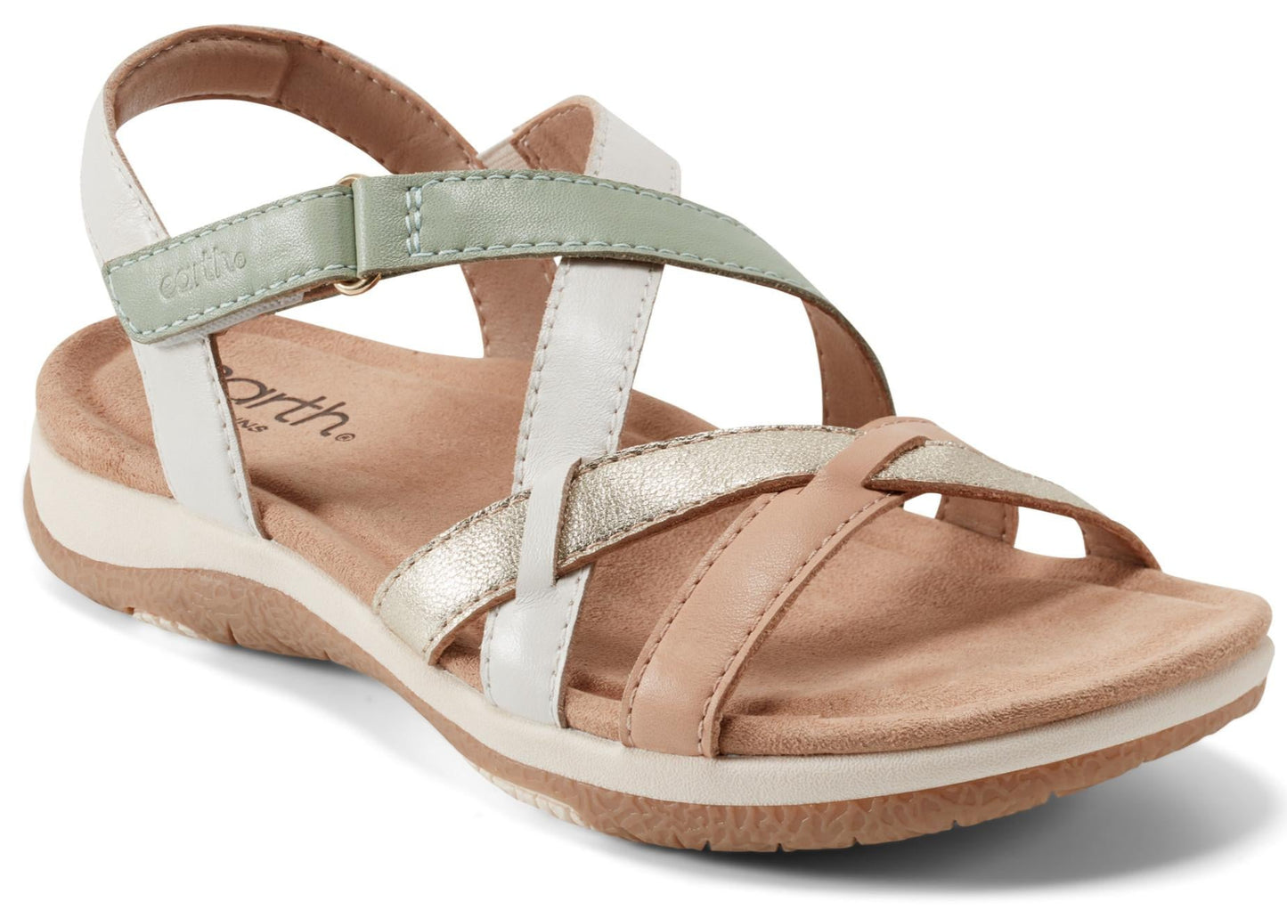 Ankle strap sandal with white, gold, light-green, and tan crossing straps and a tan insole.