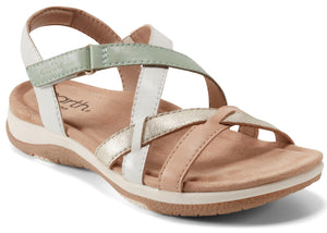 Ankle strap sandal with white, gold, light-green, and tan crossing straps and a tan insole.