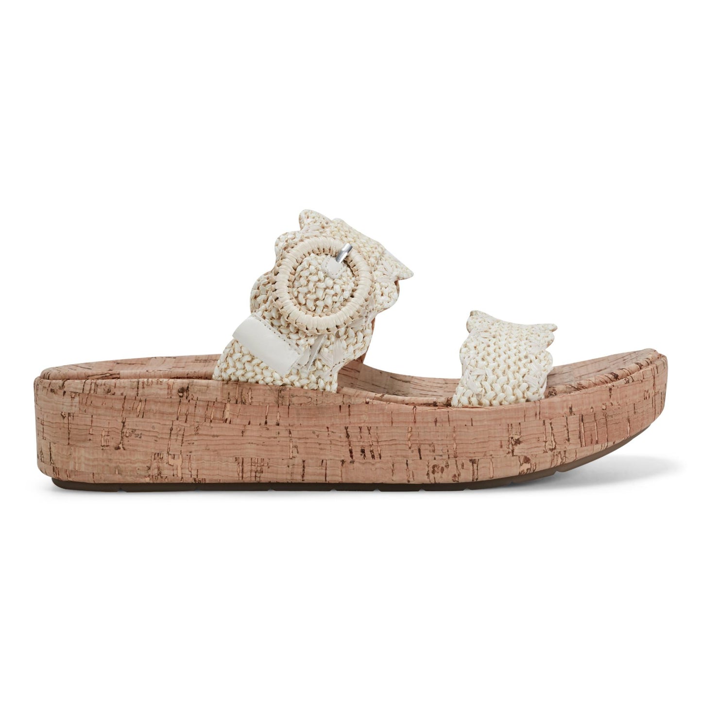 Cork platform sandal with woven raffia straps.