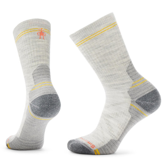 Two light gray socks with yellow stripes on the upper part and dark gray toe and heel.