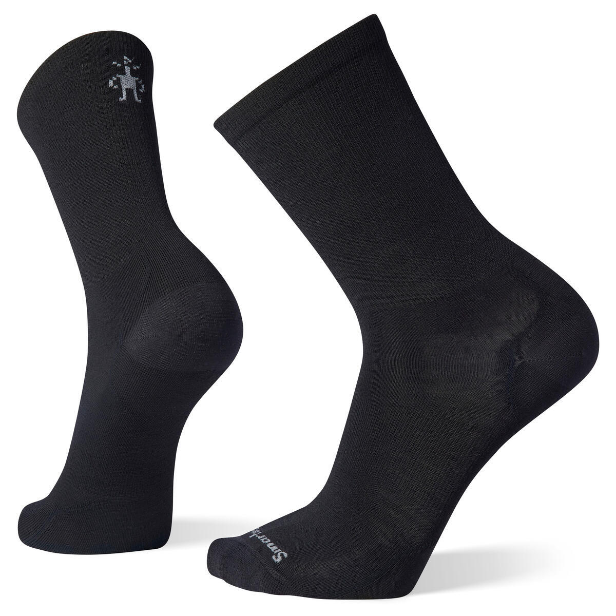 Two black socks, one upright and one bent, with a small logo at the top and text near the toes.