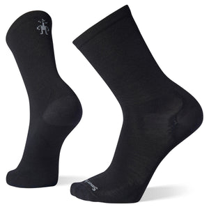 Two black socks, one upright and one bent, with a small logo at the top and text near the toes.