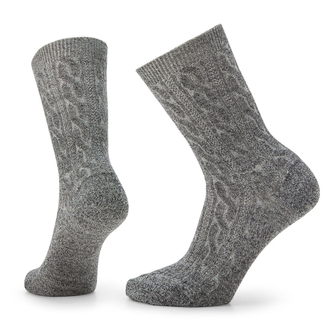 Two gray wool socks with cable knit pattern.