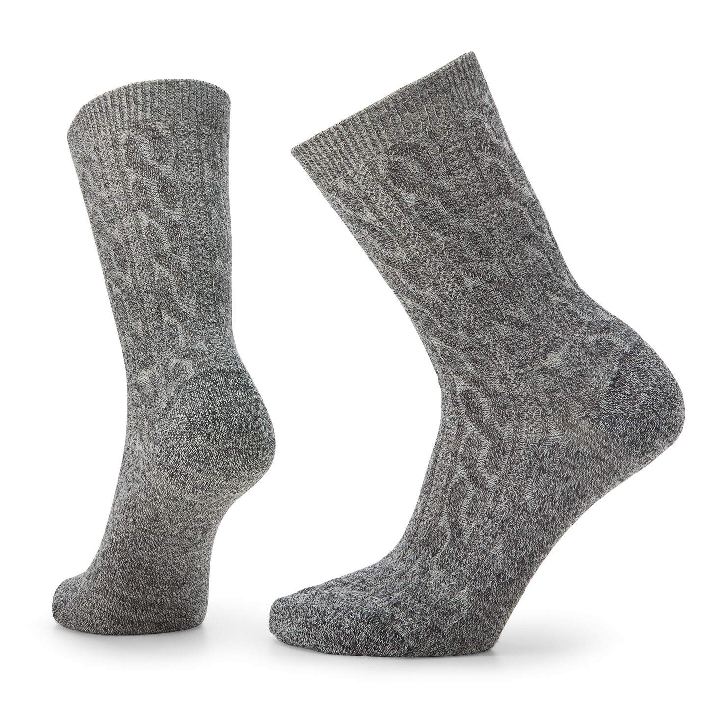 Two gray wool socks with cable knit pattern.