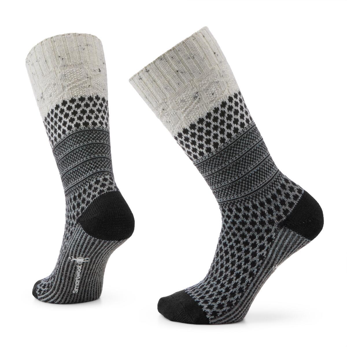 Two patterned crew socks are grey with a fair isle band.