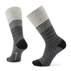 Two patterned crew socks are grey with a fair isle band.