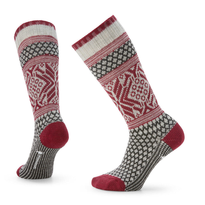 Two red, white, and gray patterned knee-high socks. 