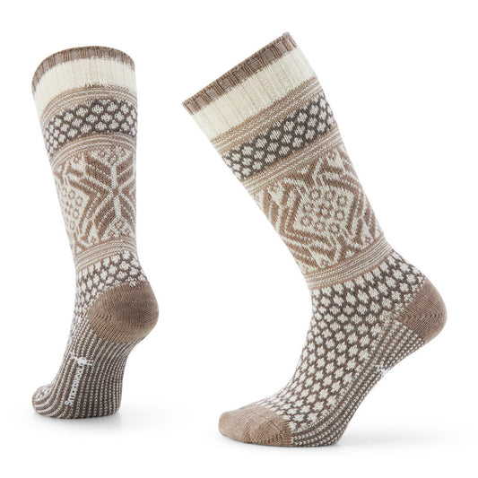 Two beige and cream wool blend patterned crew socks, shown separately.