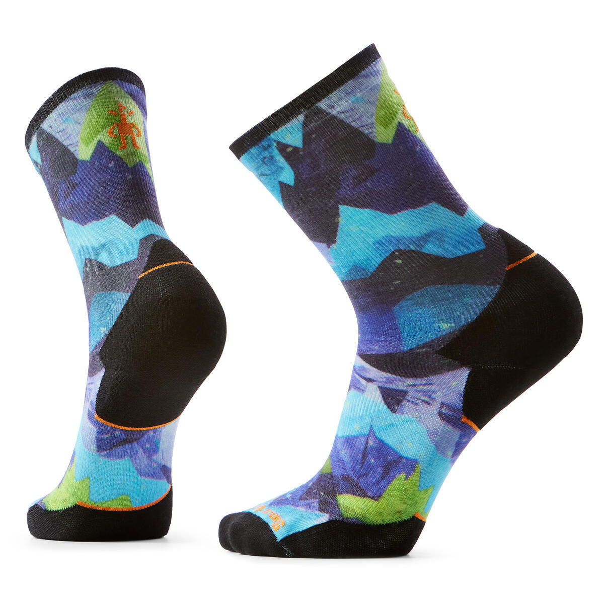 Two patterned crew socks with mountain designs in blue and purple with black heels and toes.