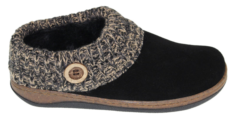 Black slip-on slipper with knitted collar and a button.