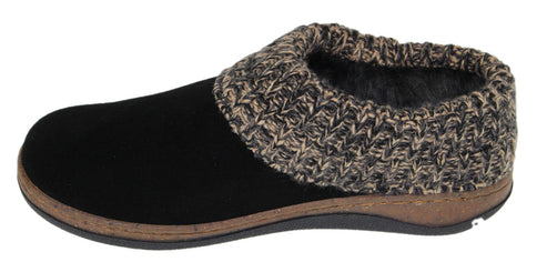 A black suede slipper with a knit cuff.