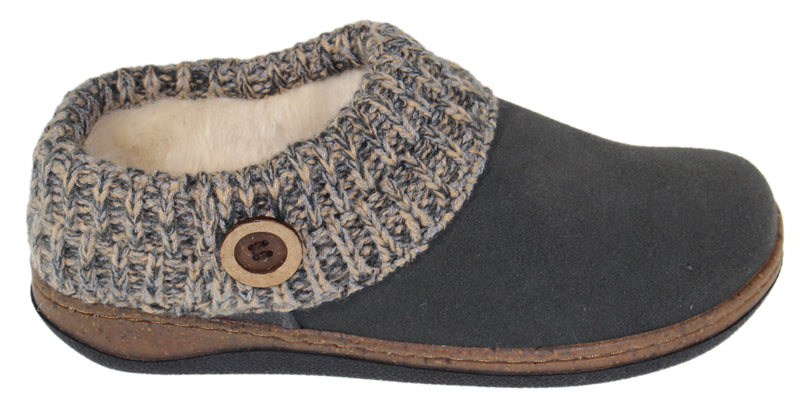 Gray slipper with knit collar and decorative button